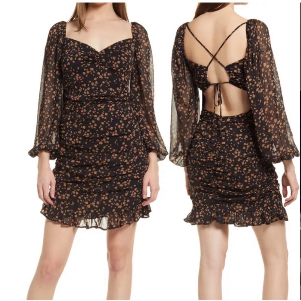 All in Favor Black/Tan Dot Shapes Sweetheart Neck Long Sleeve Dress Women’s XS